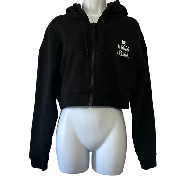 BE A GOOD PERSON Women’s Black Cropped Zip Hoodie with Left Chest Slogan- Medium - Picture 1 of 10